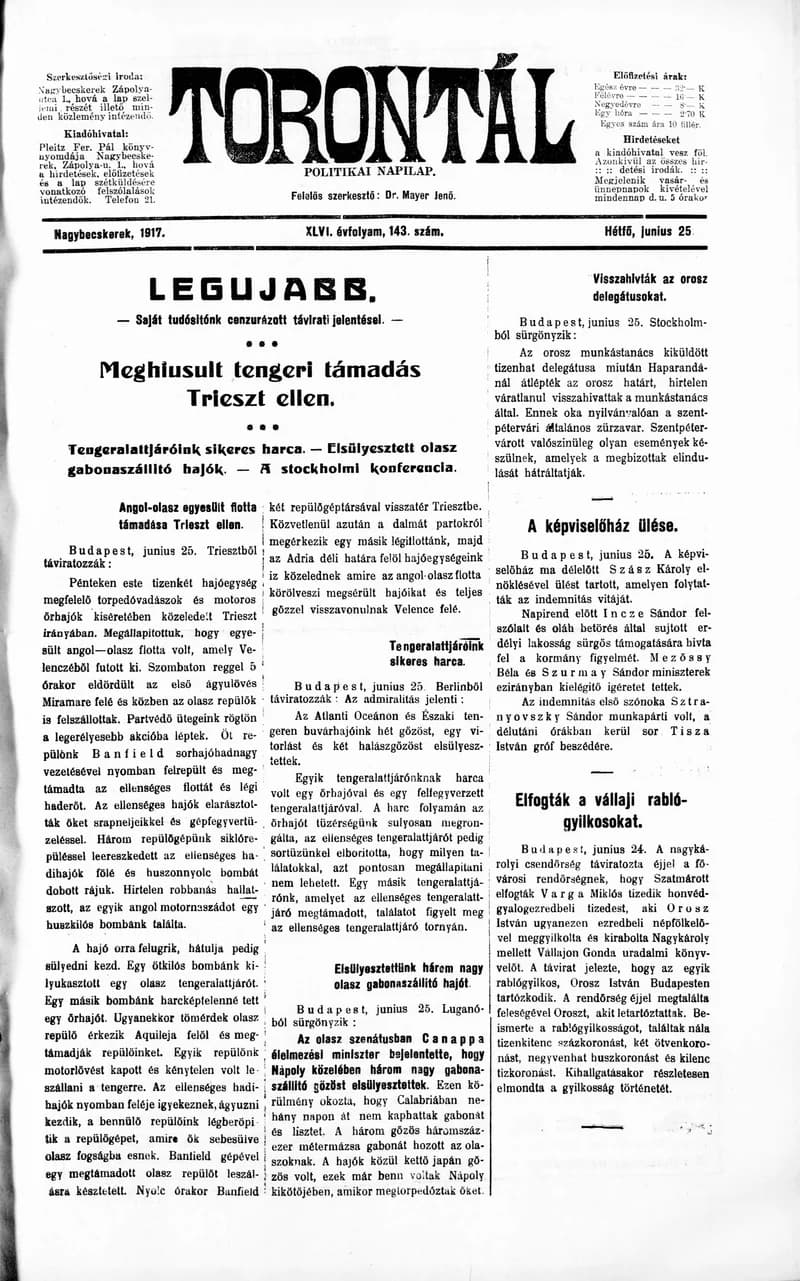 Torontál, 46. évf. 1917. június 25. 143. sz.