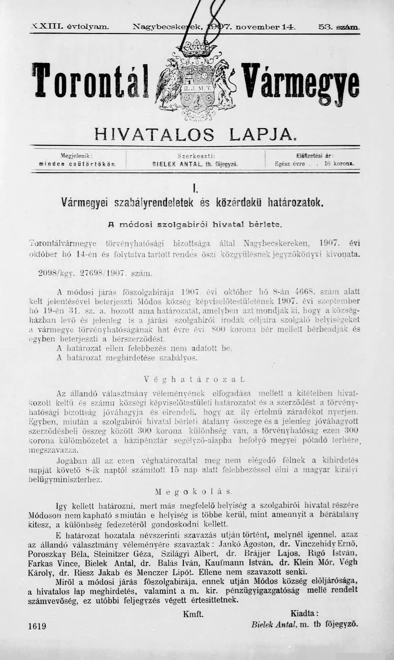 Torontál Vármegye Hivatalos Lapja, 23. évf. 1907. november 14. 53. sz.