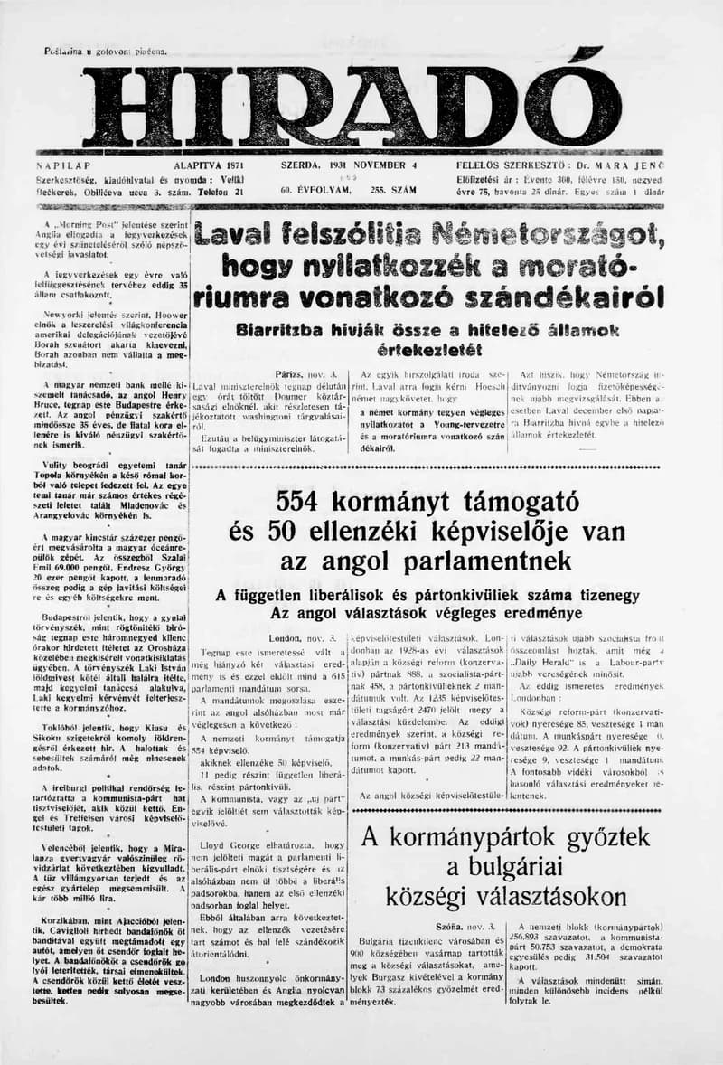 Híradó, 60. évf. 1931. november 4. 255. sz.