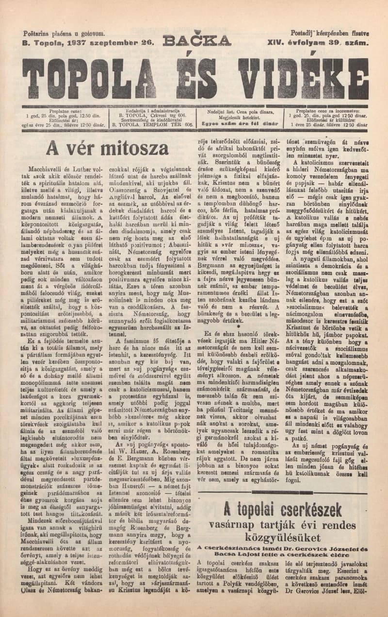 Bačka Topola és Vidéke, 14. évf. 1937. szeptember 26. 39. sz.