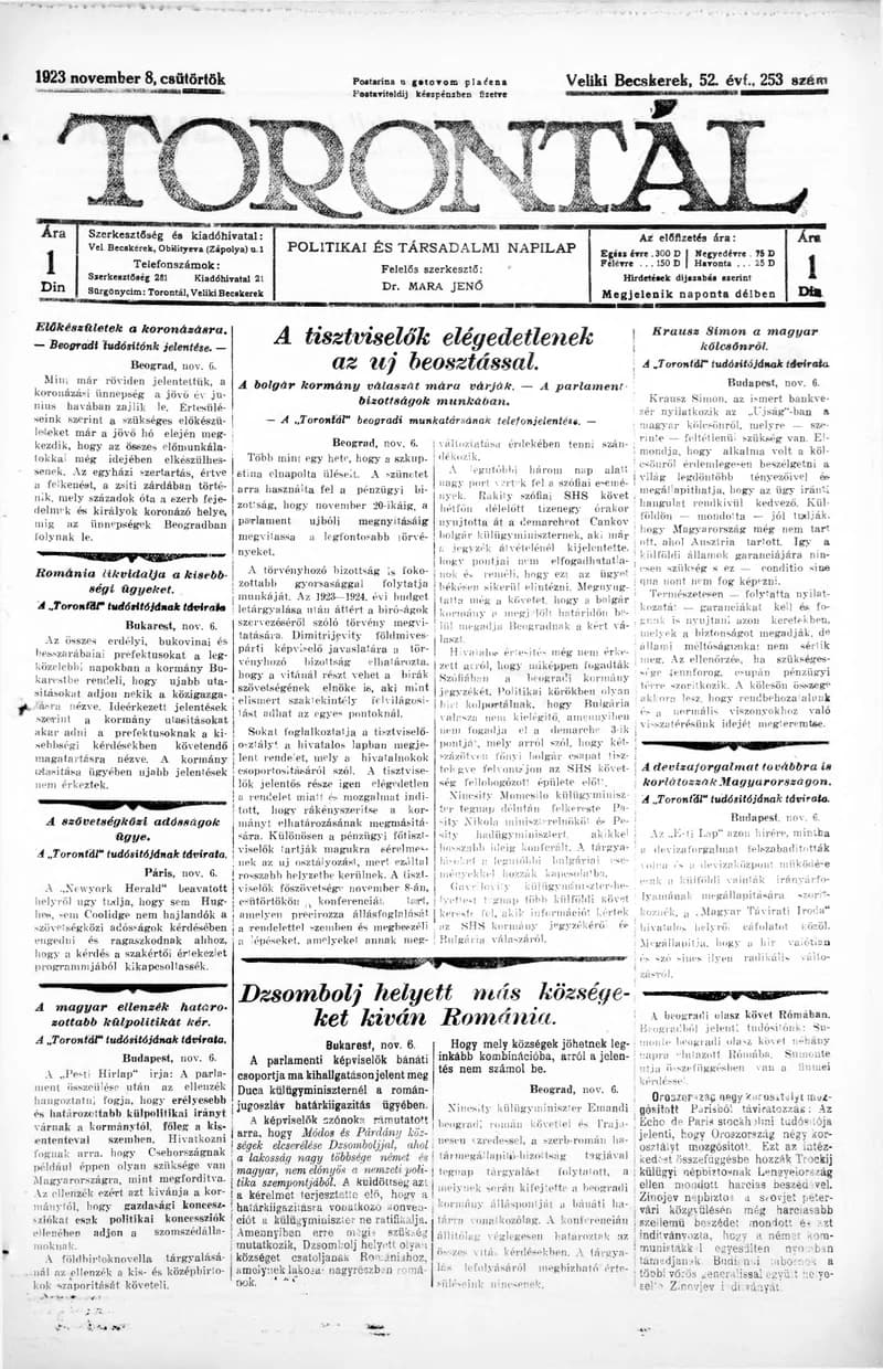 Torontál, 52. évf. 1923. november 8. 253. sz.
