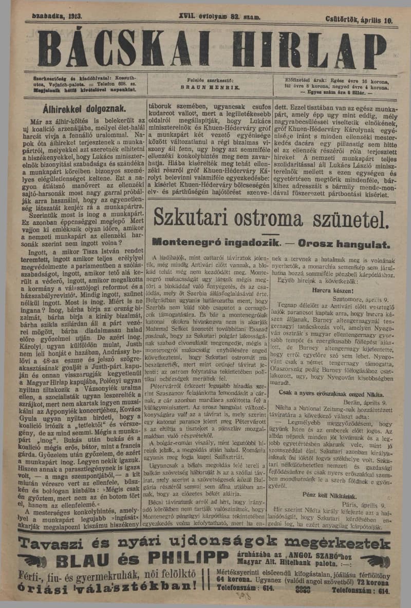Bácskai Hirlap, 17. évf. 1913. április 10. 82. sz.