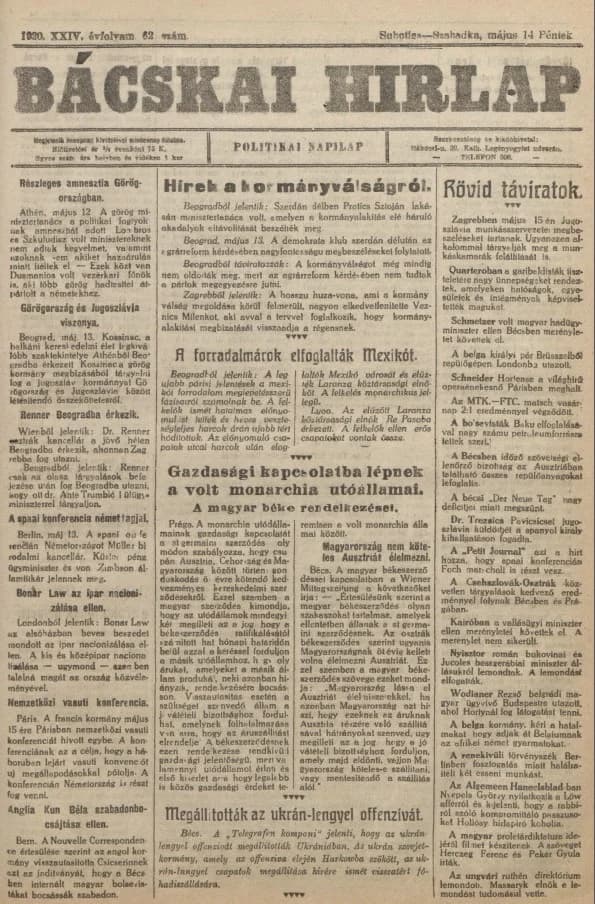 Bácskai Hirlap, 24. évf. 1920. május 14. 62. sz.