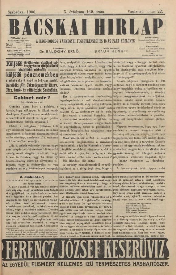 Bácskai Hirlap, 10. évf. 1906. július 22. 169. sz.