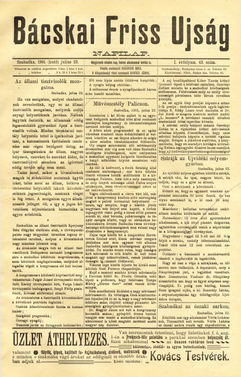 Bácskai Friss Ujság, 1. évf. 1901. július 23. 43. sz.