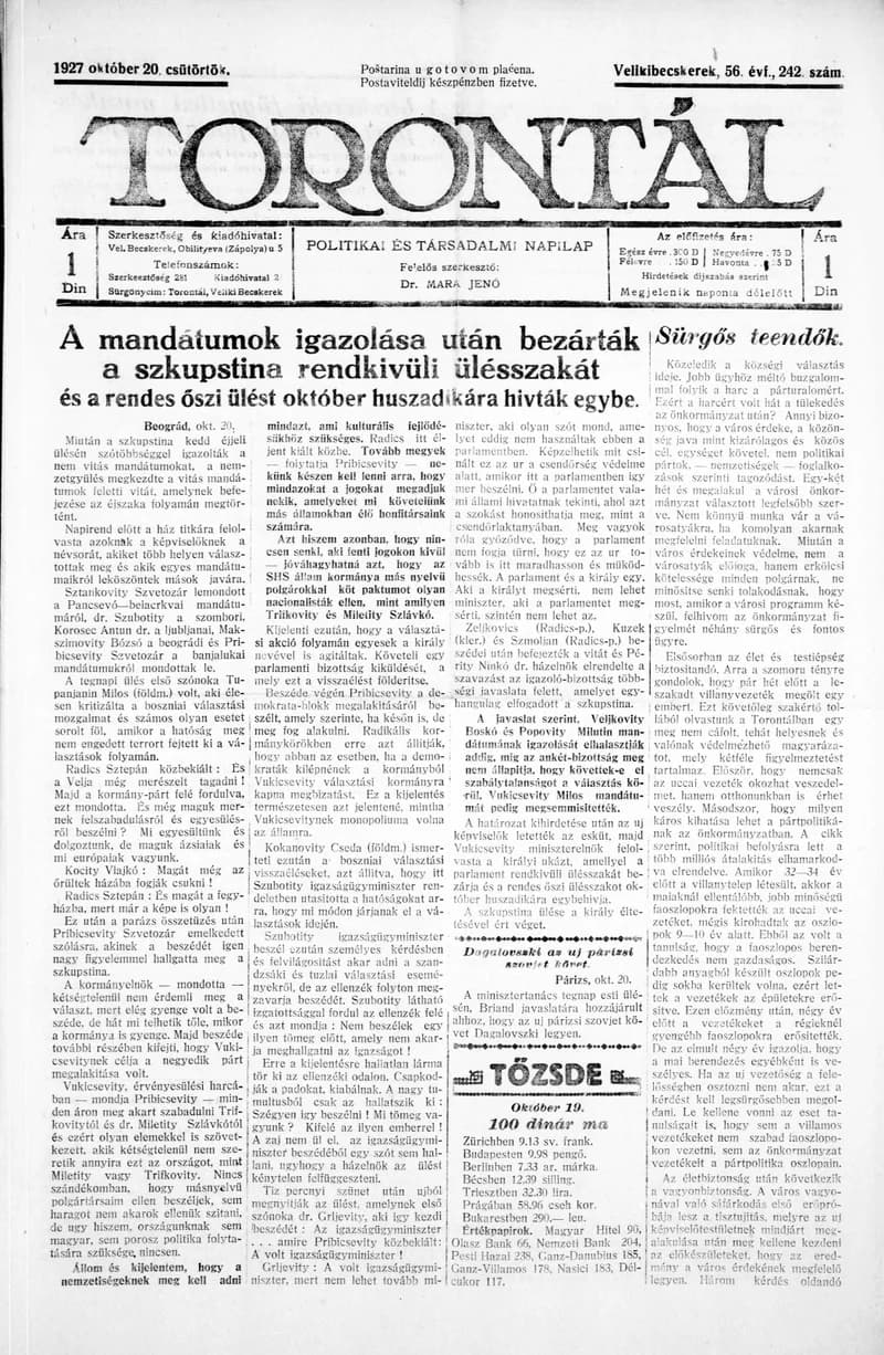 Torontál, 56. évf. 1927. október 20. 242. sz.