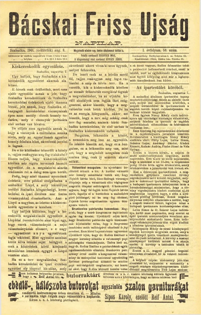 Bácskai Friss Ujság, 1. évf. 1901. augusztus 8. 58. sz.