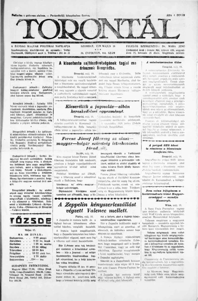 Torontál, 58. évf. 1929. május 18. 114. sz.