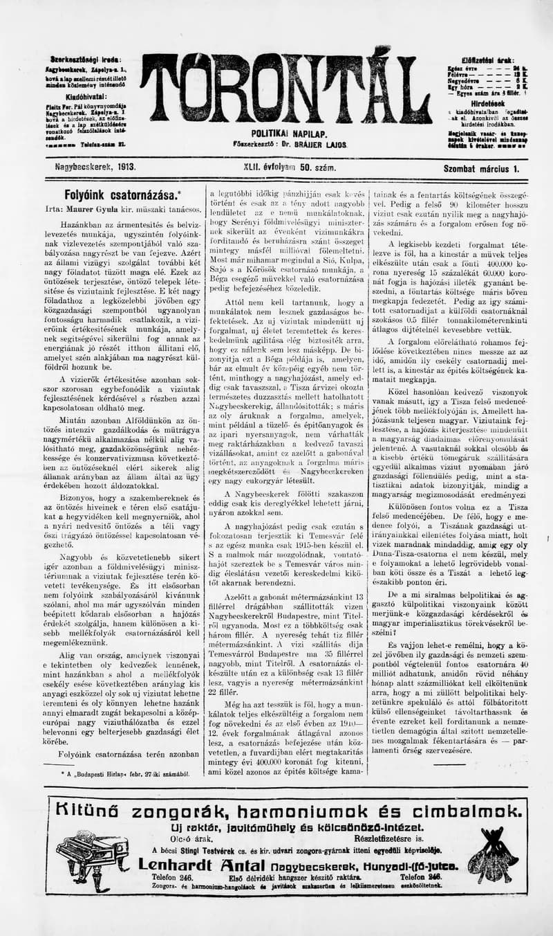 Torontál, 42. évf. 1913. március 1. 50. sz.