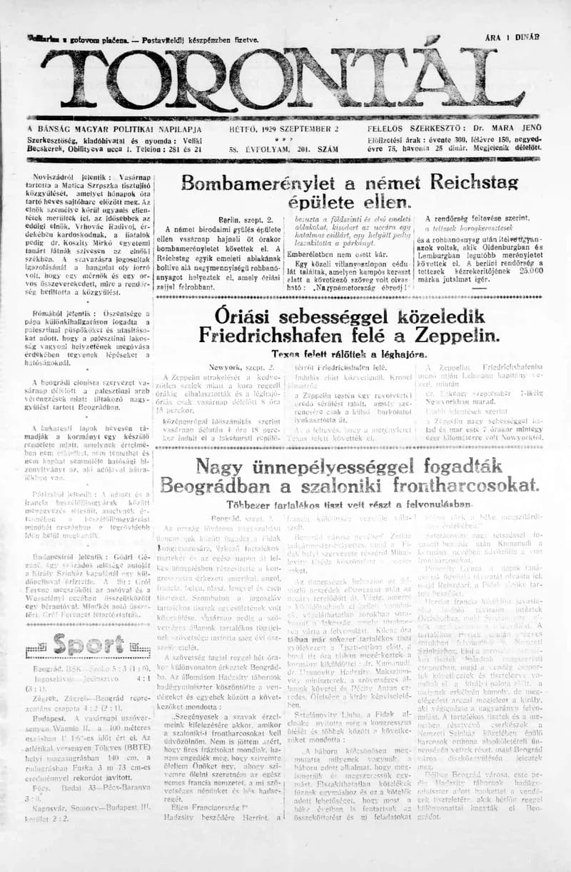 Torontál, 58. évf. 1929. szeptember 2. 201. sz.
