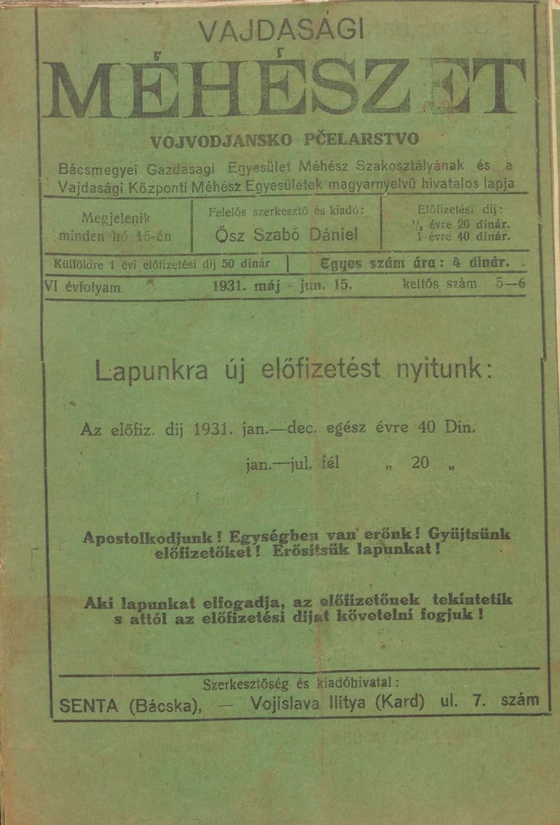 Vajdasági méhészet, 6. évf. 1931. május 15. – június 15. 5–6. sz.