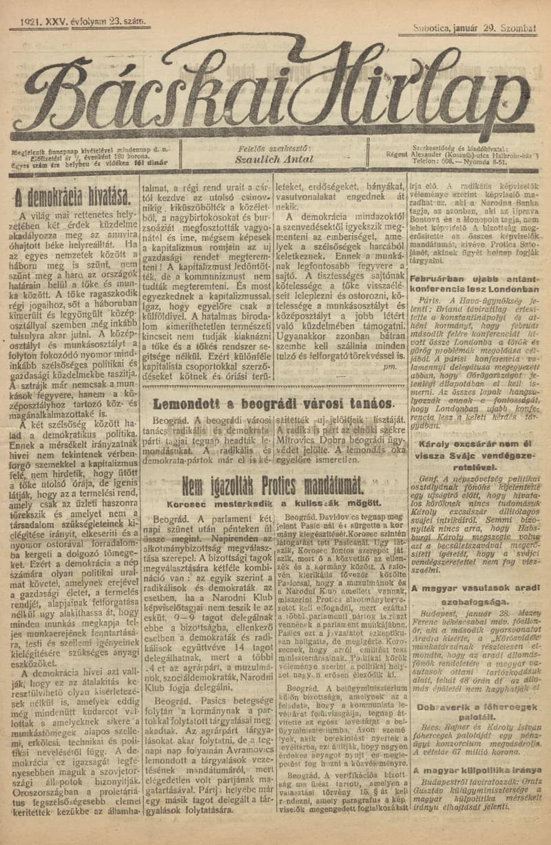 Bácskai Hirlap, 25. évf. 1921. január 29. 23. sz.