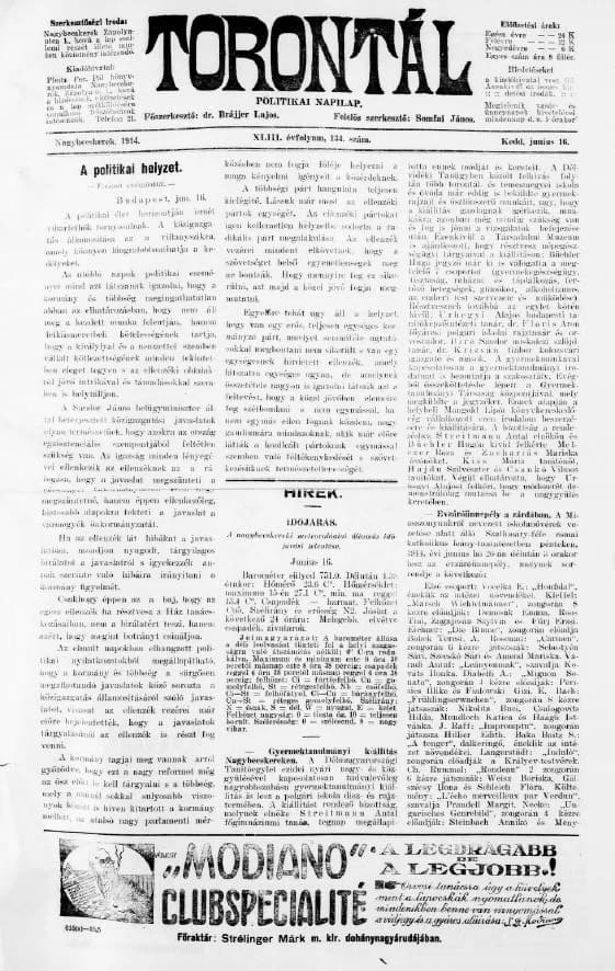 Torontál, 43. évf. 1914. június 16. 134. sz.