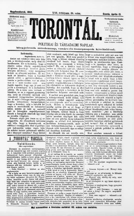Torontál, 21. évf. 1892. április 13. 66. sz.