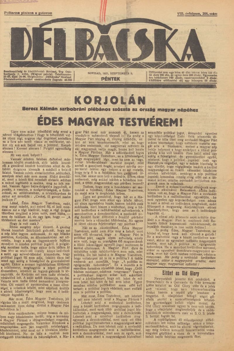 Délbácska, 8. évf. 1927. szeptember 9. 208. sz.