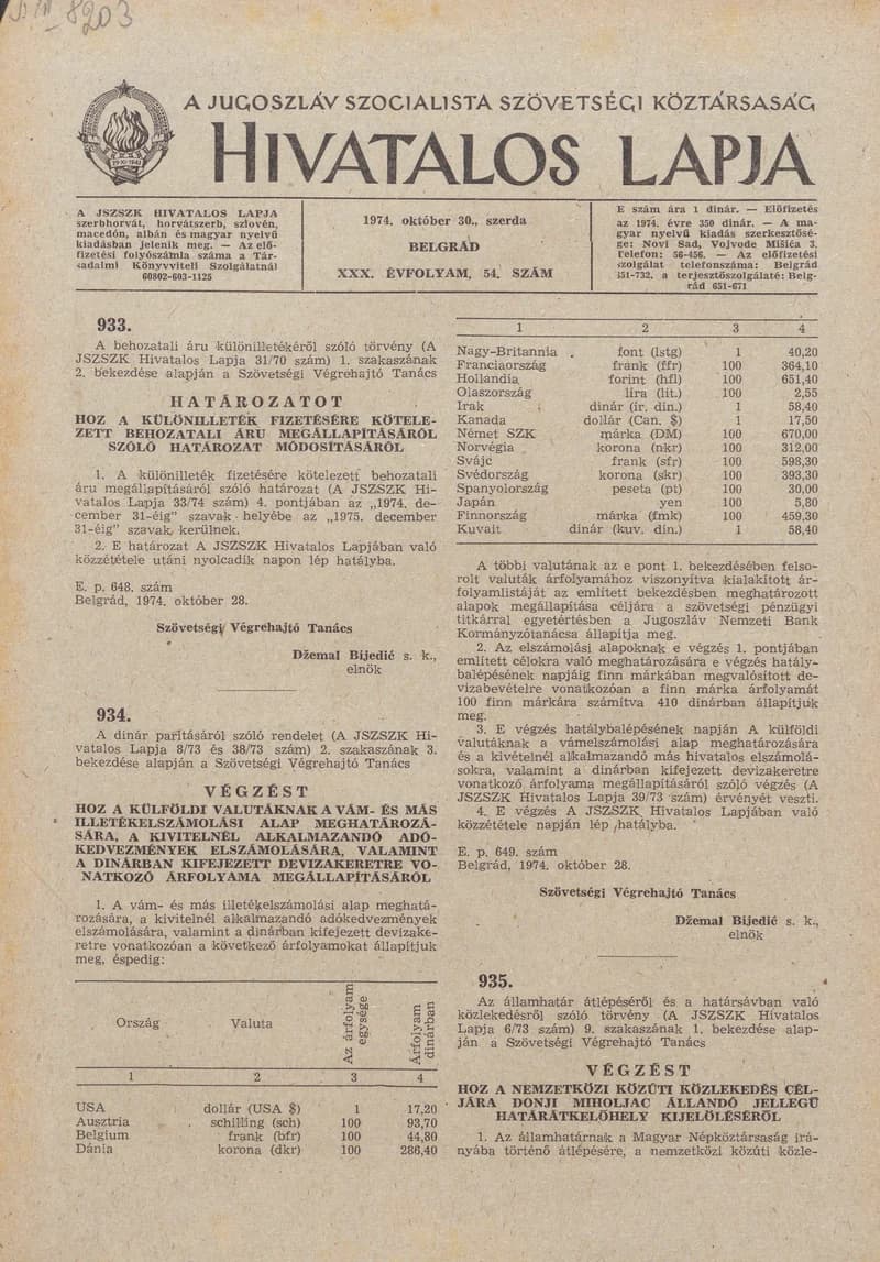 A Jugoszláv Szocialista Szövetségi Köztársaság Hivatalos Lapja, 30. évf. 1974. október 30. 54. sz. 1741–1744. oldal