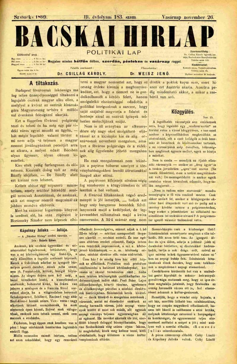 Bácskai Hirlap, 3. évf. 1899. november 26. 183. sz.