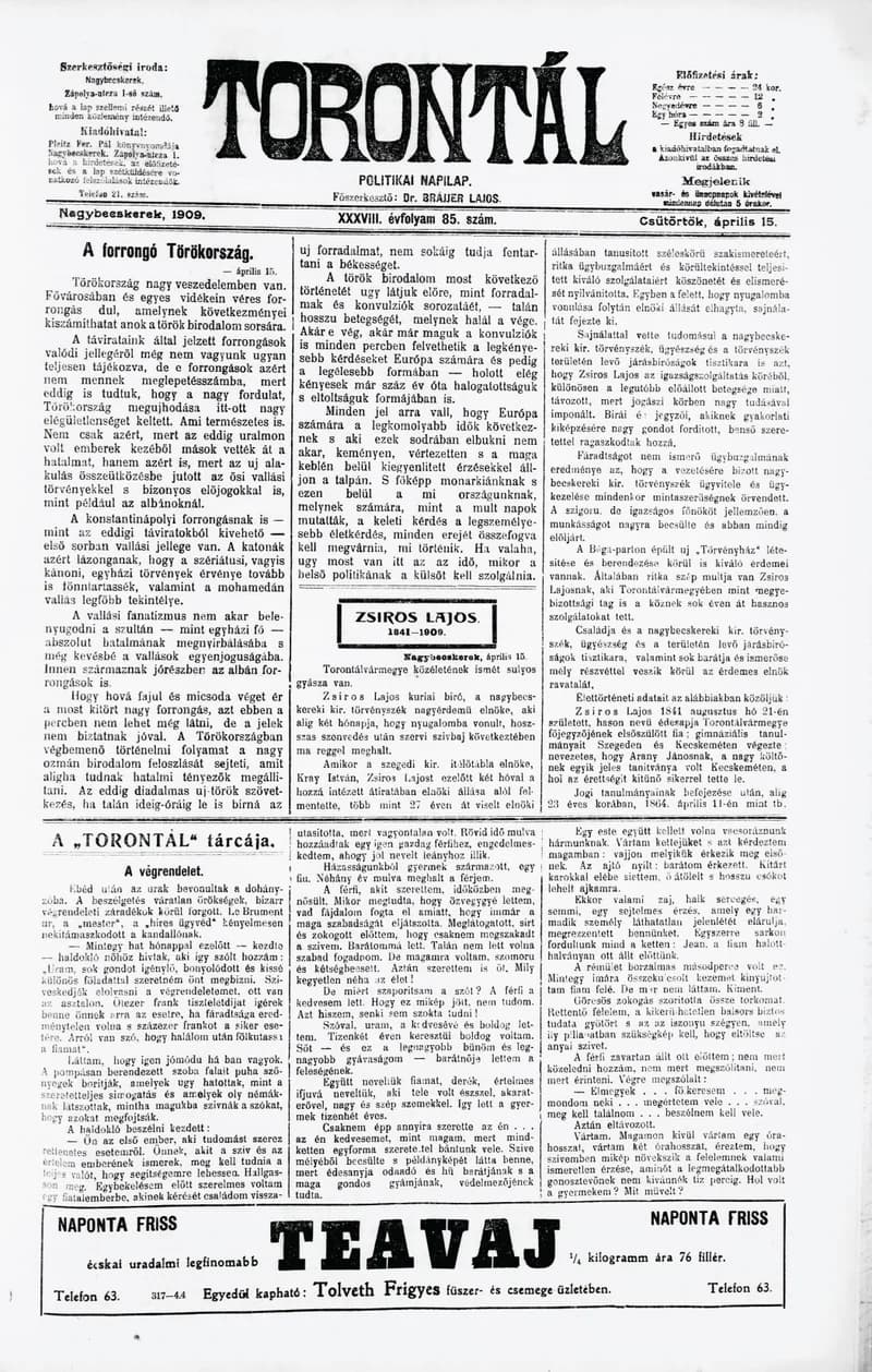 Torontál, 38. évf. 1909. április 15. 85. sz.