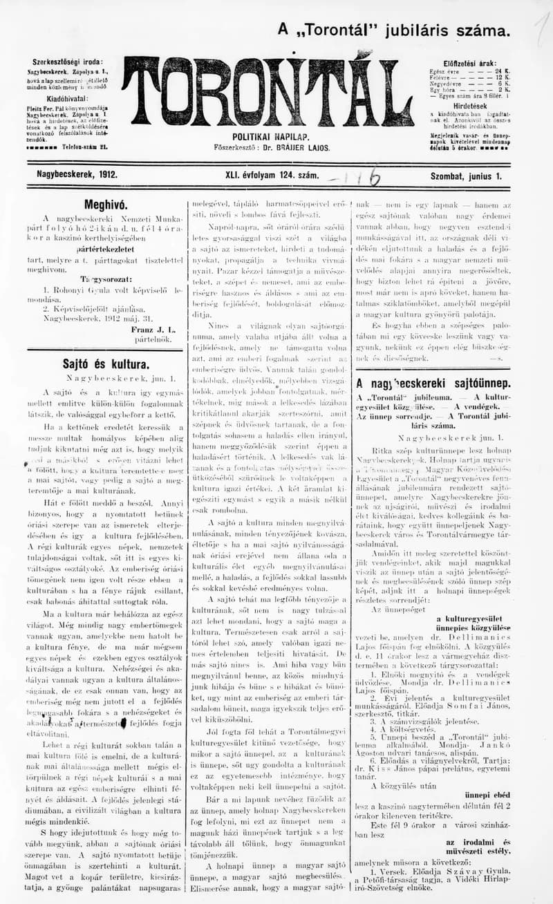 Torontál, 41. évf. 1912. június 1. 124. sz.
