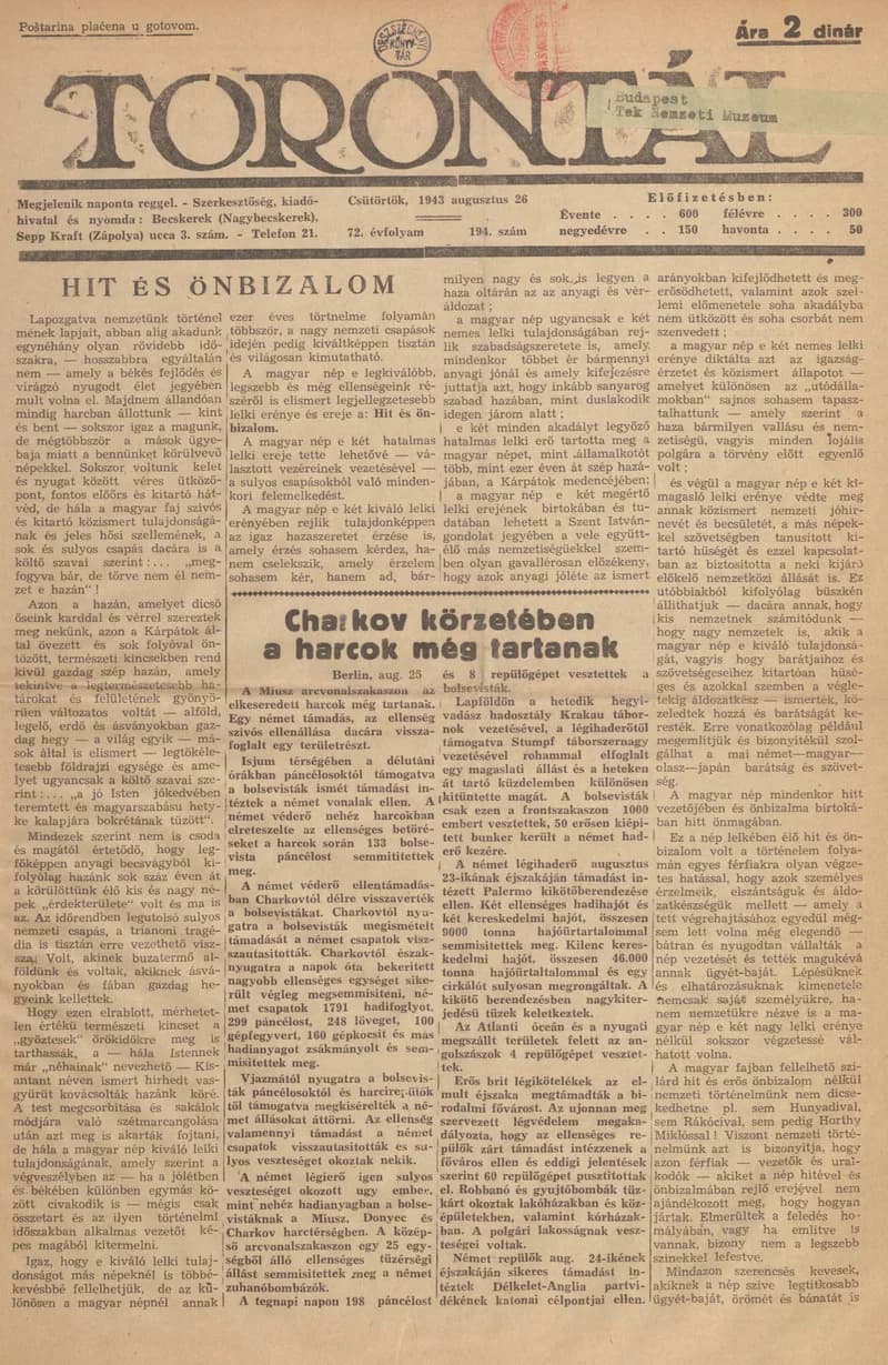 Torontál, 72. évf. 1943. augusztus 26. 194. sz.