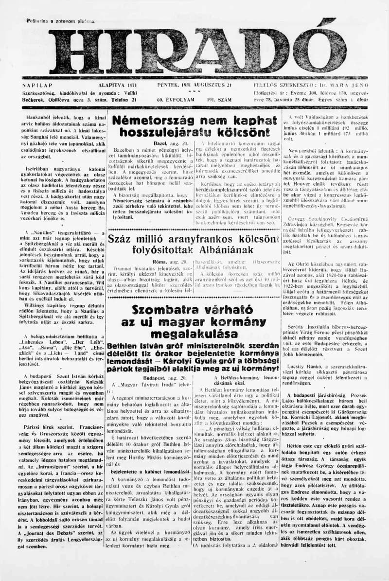 Híradó, 60. évf. 1931. augusztus 21. 191. sz.