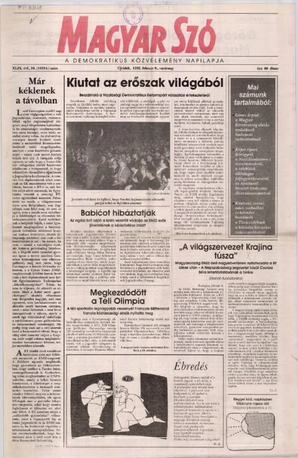 Magyar Szó, 49. évf. 1992. február 9. 38. sz. 1–28. oldal