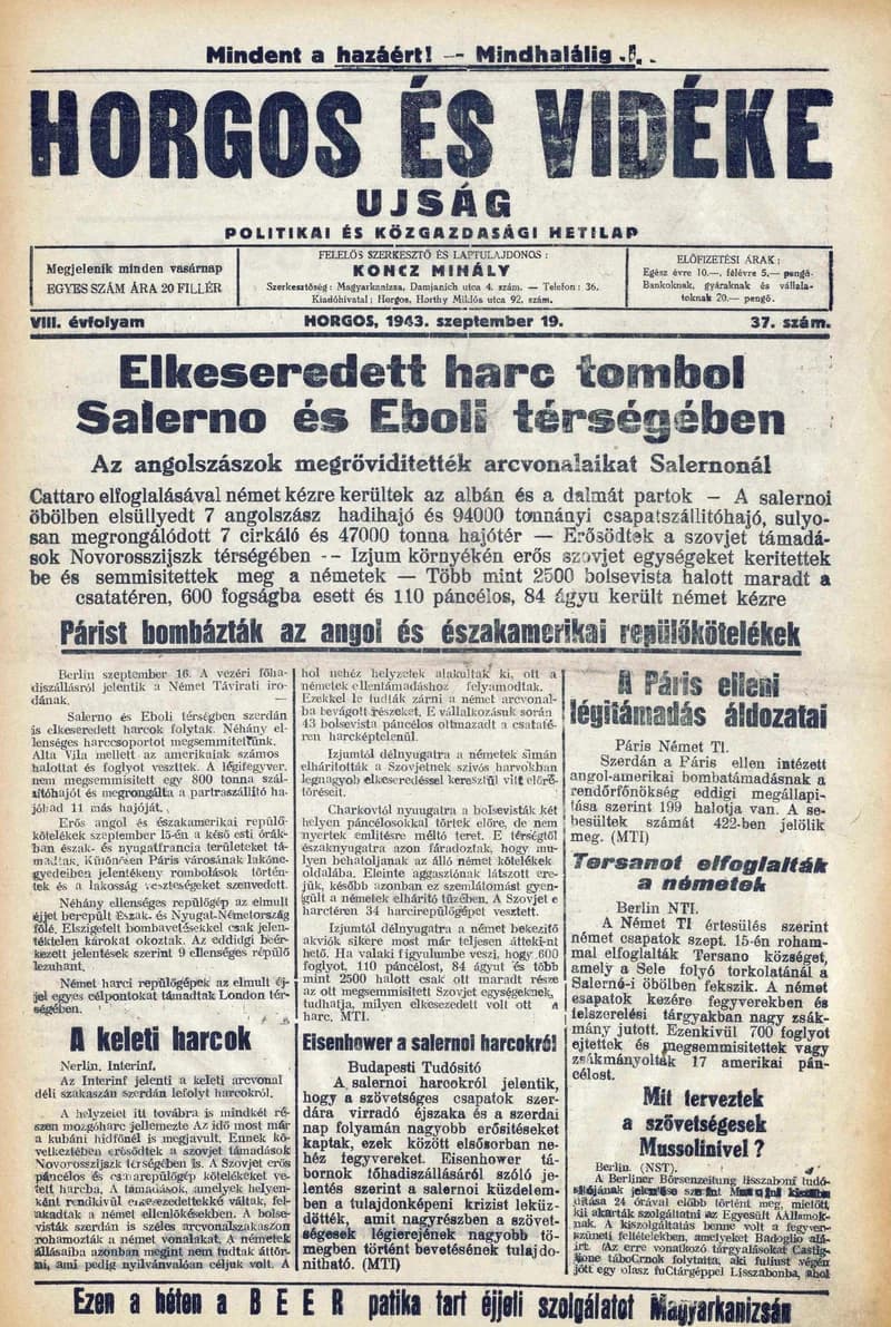 Horgos és vidéke, 8. évf. 1943. szeptember 19. 37. sz.