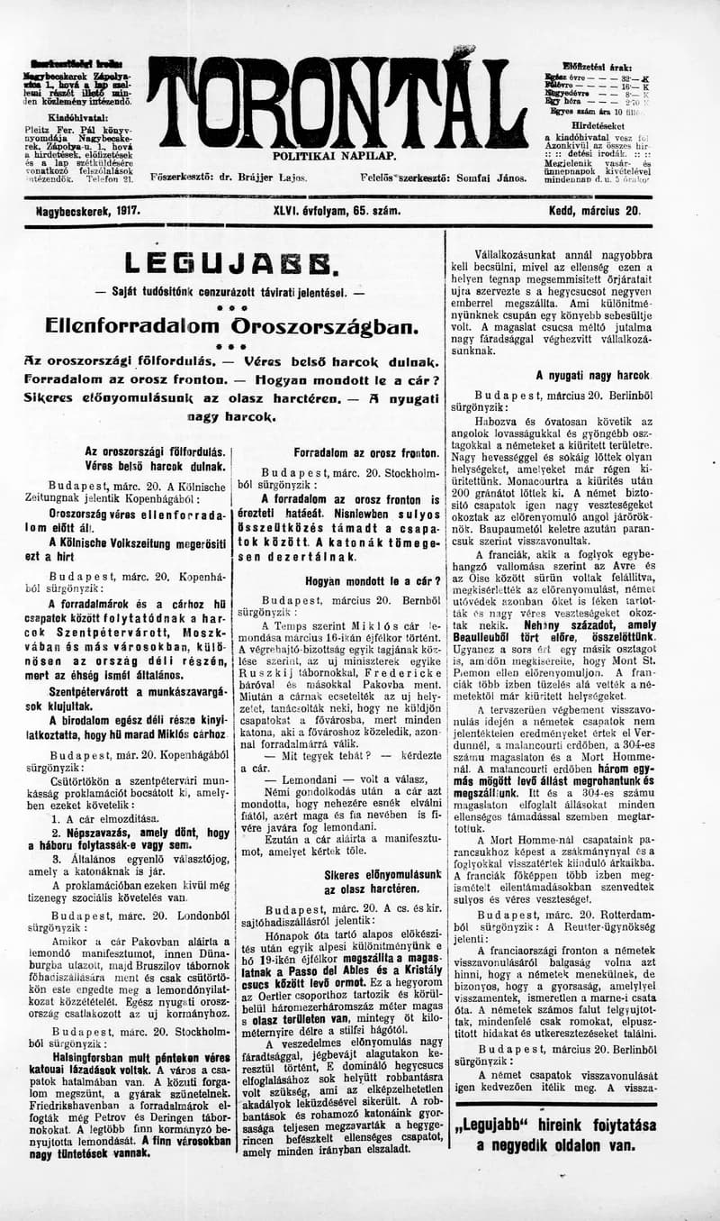 Torontál, 46. évf. 1917. március 20. 65. sz.