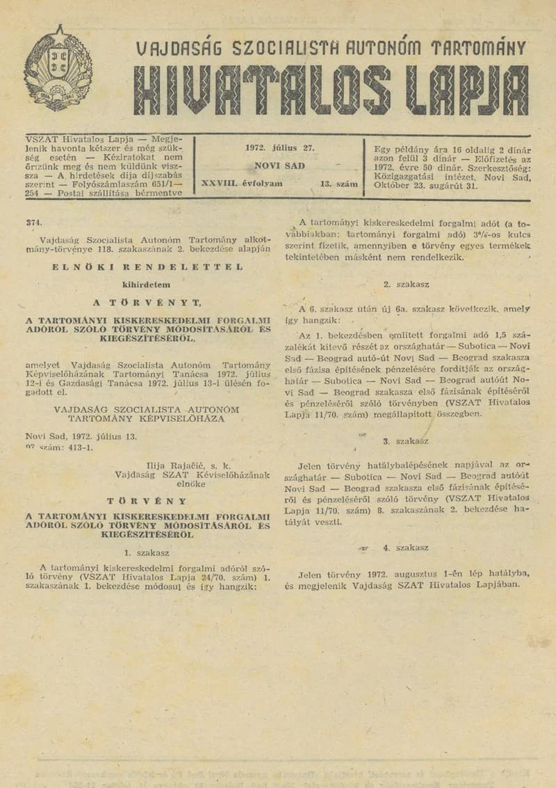 Vajdaság Szocialista Autonóm Tartomány Hivatalos Lapja, 28. évf. 1972. július 27. 13. sz. 541–542. oldal