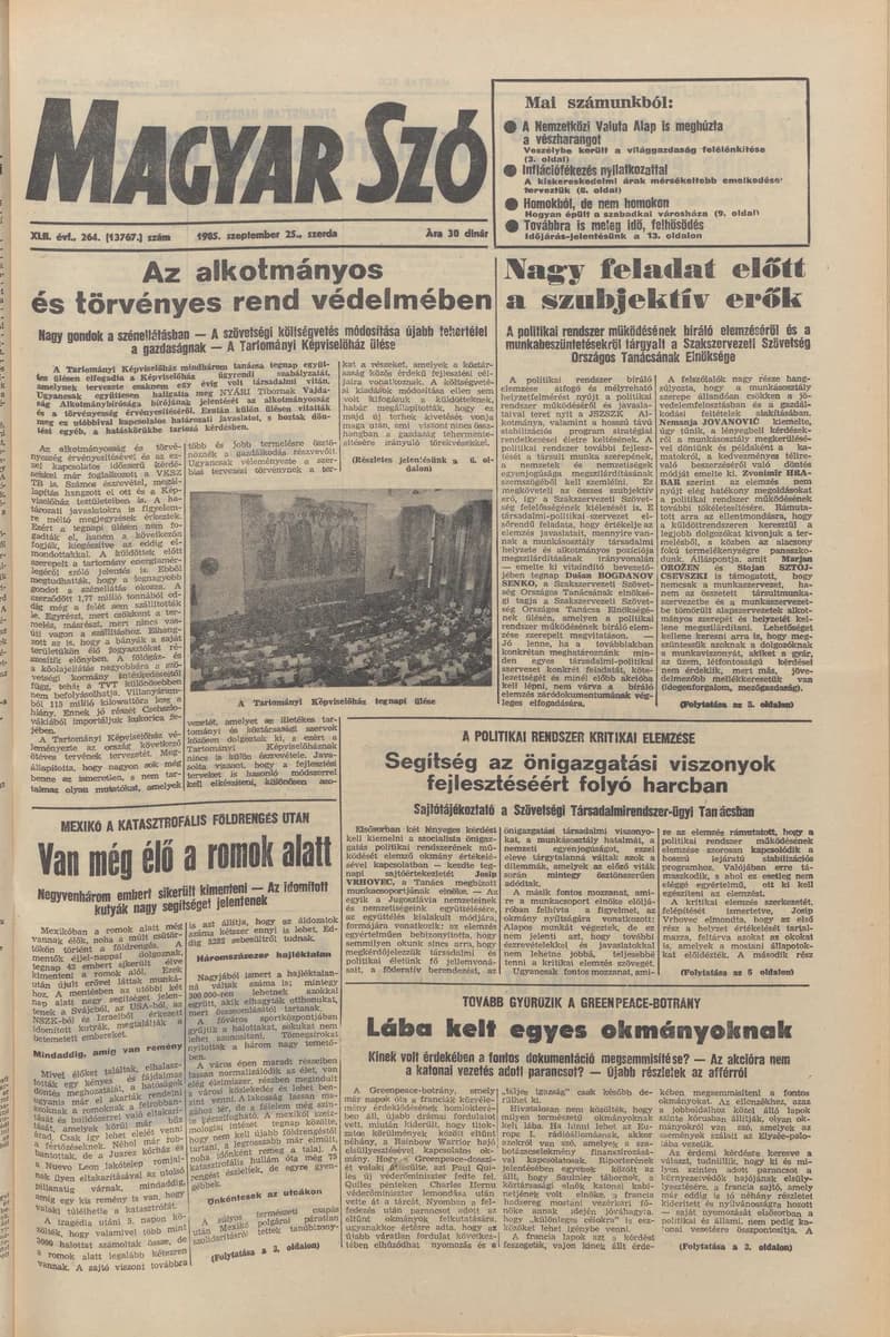 Magyar Szó, 42. évf. 1985. szeptember 25. 264. sz. 1–16. oldal