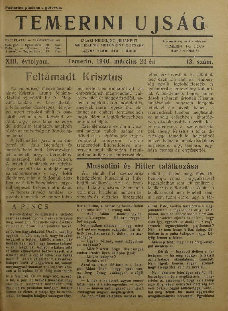 Temerini Újság 1928-1944, 13. évf. 1940. március 24. 13. sz.