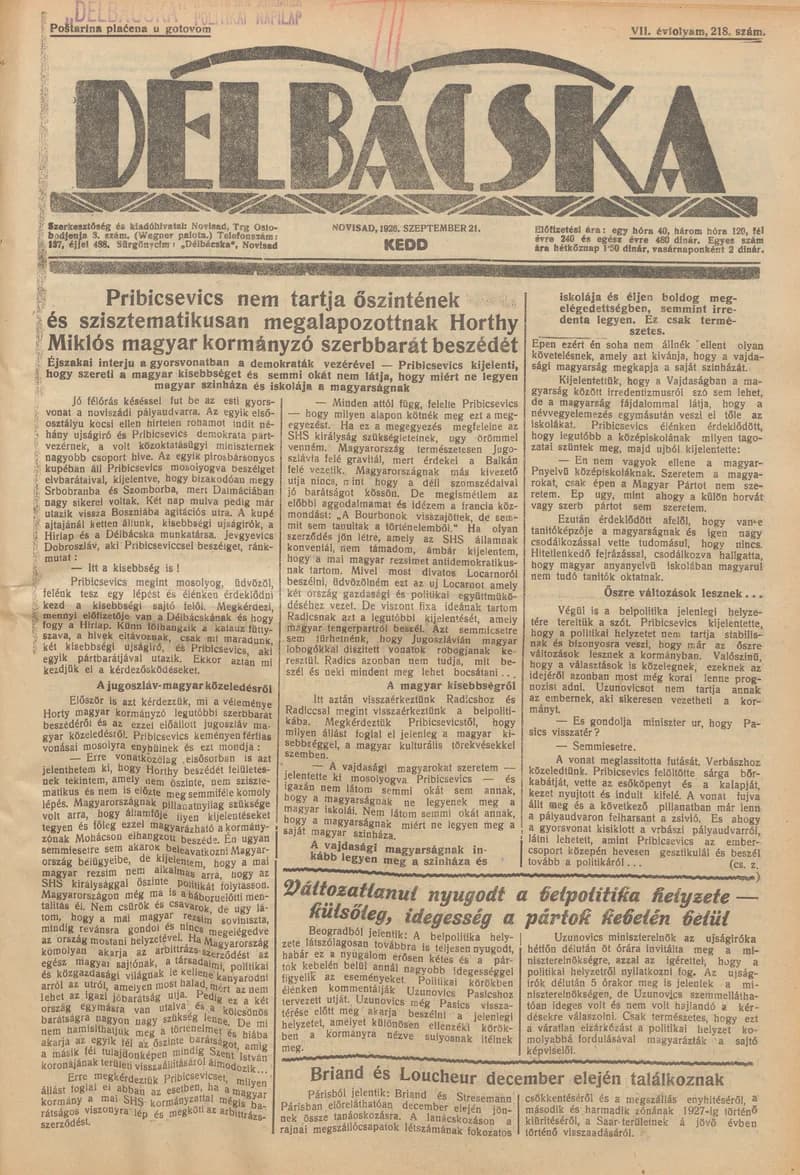 Délbácska, 7. évf. 1926. szeptember 21. 218. sz.