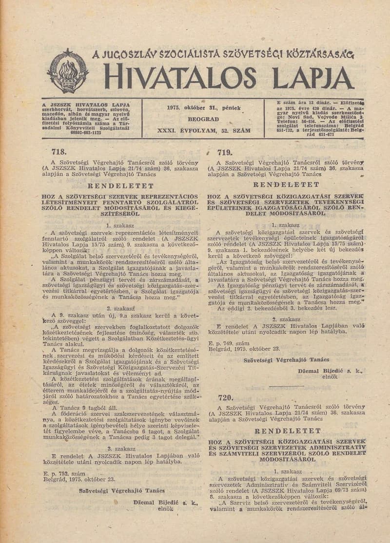 A Jugoszláv Szocialista Szövetségi Köztársaság Hivatalos Lapja, 31. évf. 1975. október 31. 52. sz. 1429–1448. oldal