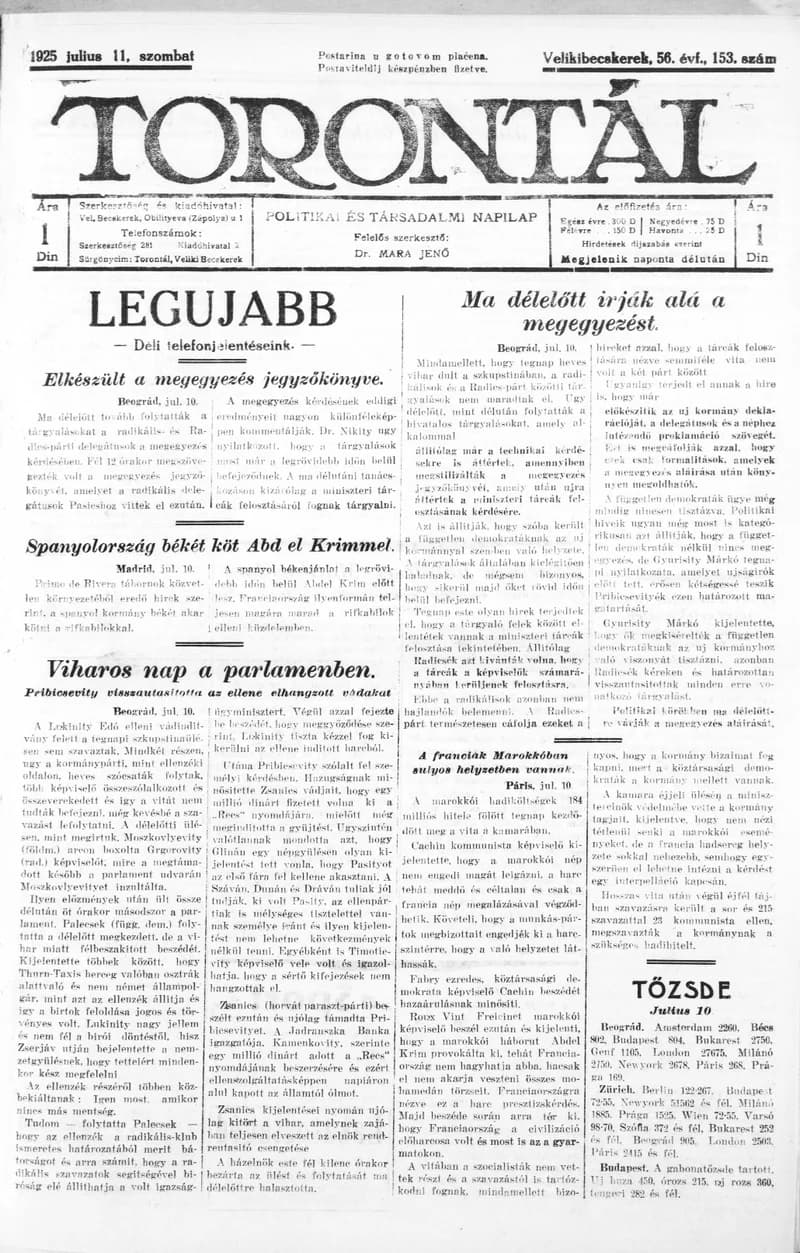 Torontál, 54. évf. 1925. július 11. 153. sz.