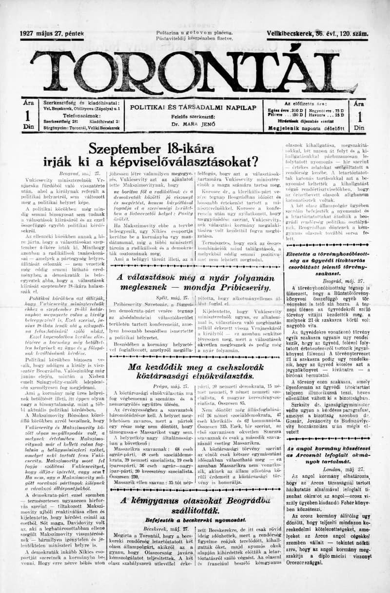 Torontál, 56. évf. 1927. május 27. 120. sz.