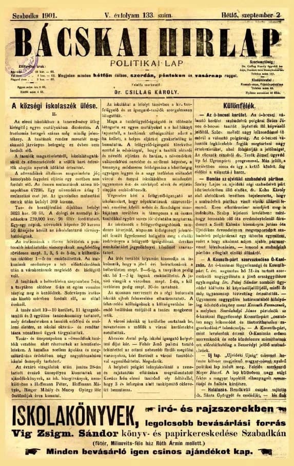 Bácskai Hirlap, 5. évf. 1901. szeptember 2. 133. sz.