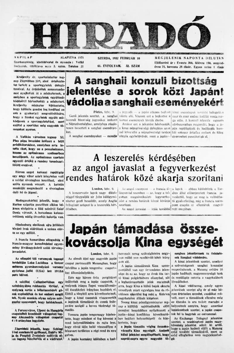 Híradó, 61. évf. 1932. február 10. 32. sz.