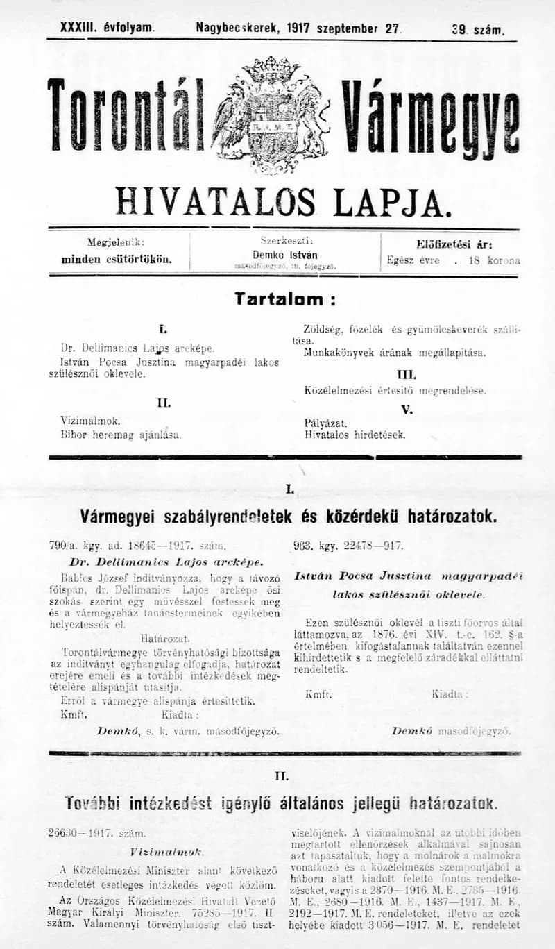 Torontál Vármegye Hivatalos Lapja, 33. évf. 1917. szeptember 27. 39. sz.