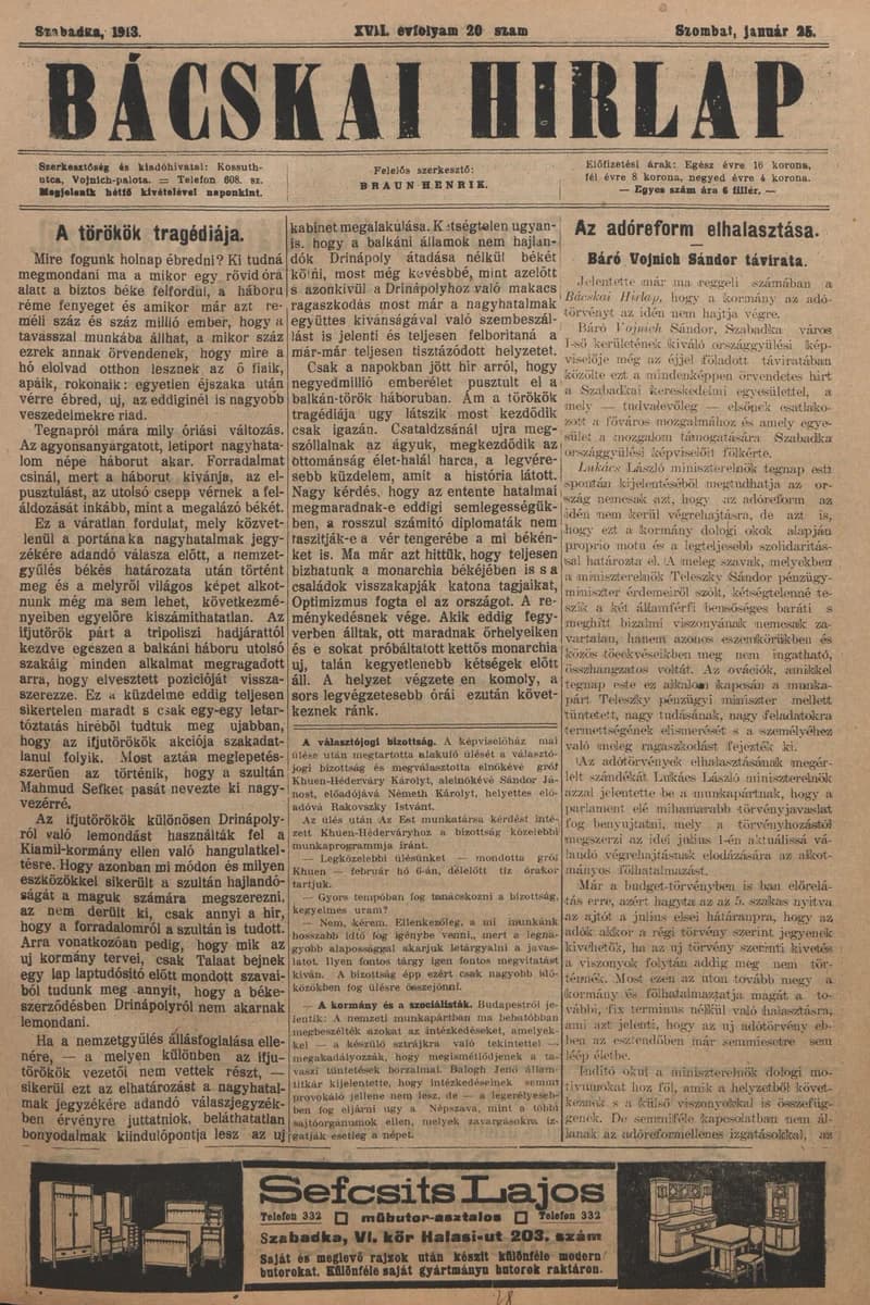 Bácskai Hirlap, 17. évf. 1913. január 25. 20. sz.