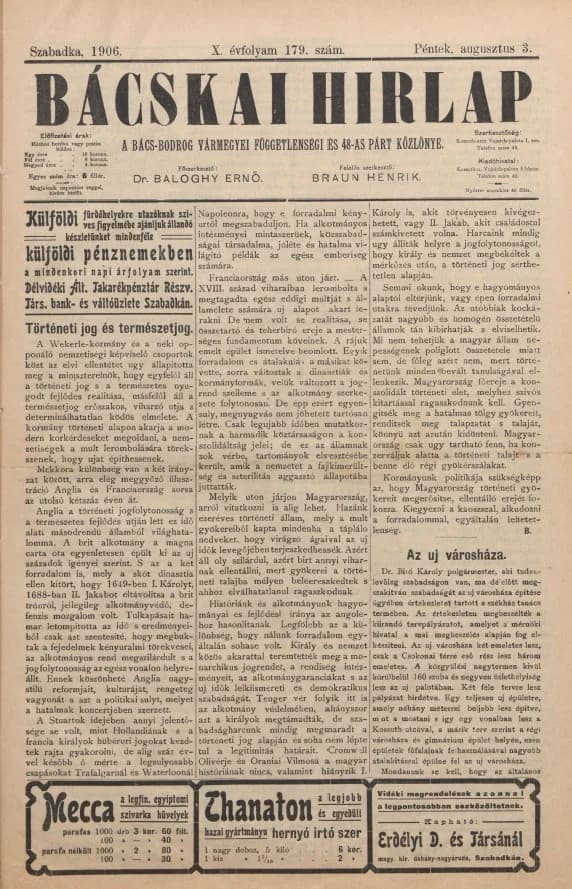 Bácskai Hirlap, 10. évf. 1906. augusztus 3. 179. sz.