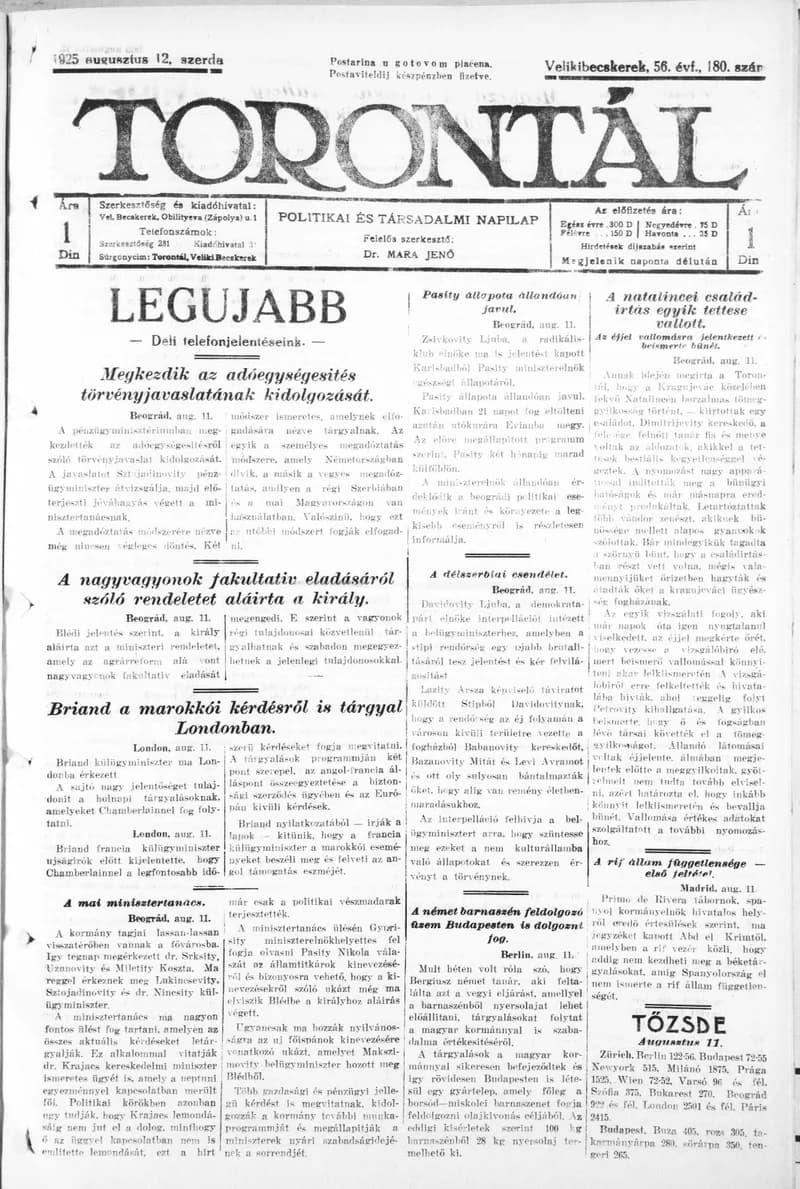 Torontál, 54. évf. 1925. augusztus 12. 180. sz.