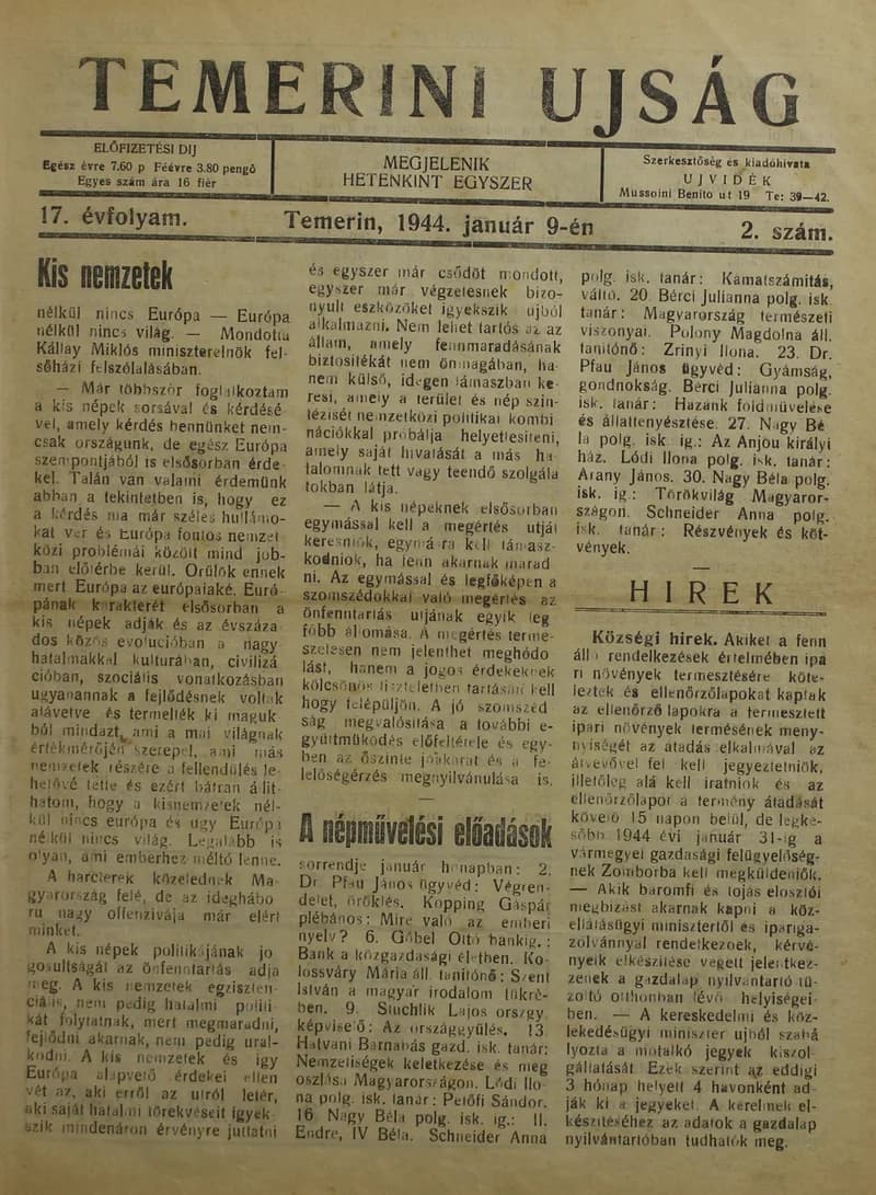 Temerini Újság 1928-1944, 17. évf. 1944. január 9. 2. sz.