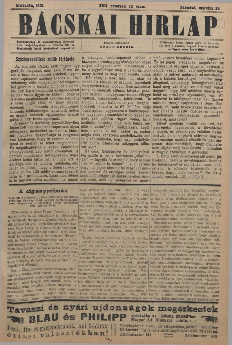 Bácskai Hirlap, 17. évf. 1913. március 29. 72. sz.