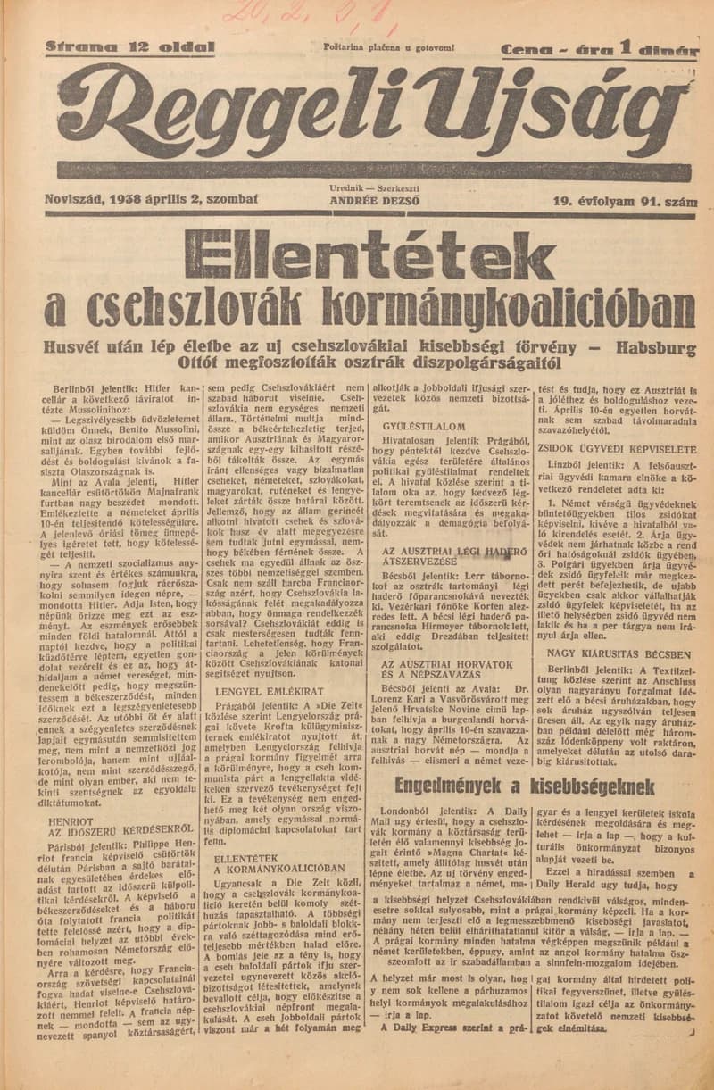 Reggeli Újság, 19. évf. 1938. április 2. 91. sz.