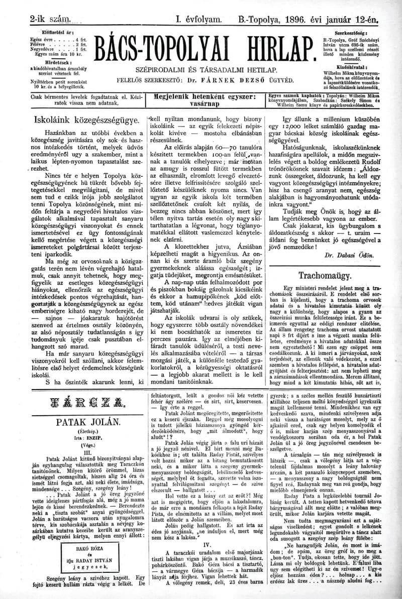 Bács-Topolyai Hirlap, 1. évf. 1896. január 12. 2. sz.