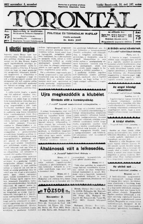 Torontál, 51. évf. 1922. november 4. 247. sz.