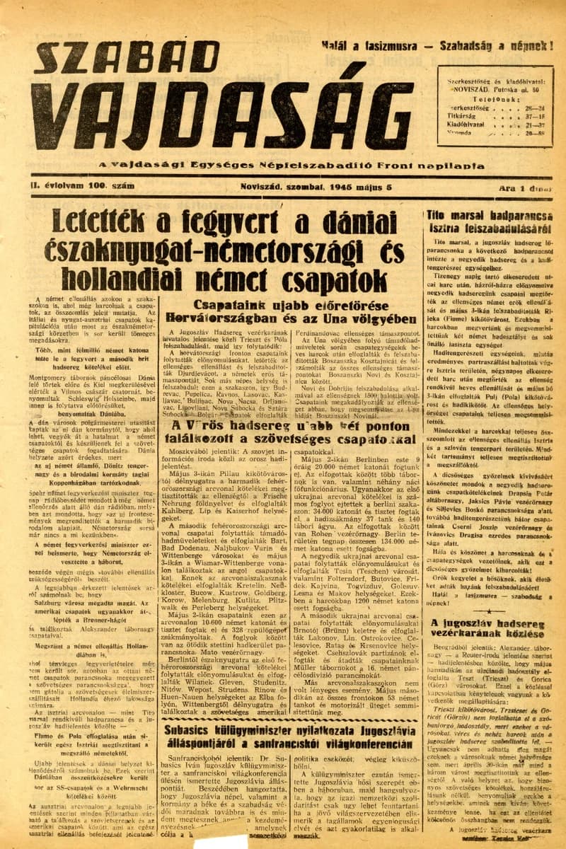 Szabad Vajdaság, 2. évf. 1945. május 5. 100. sz.