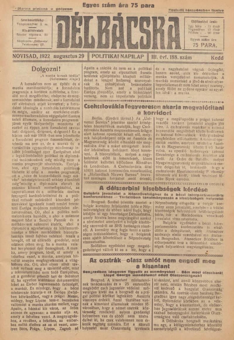 Délbácska, 3. évf. 1922. augusztus 29. 188. sz.