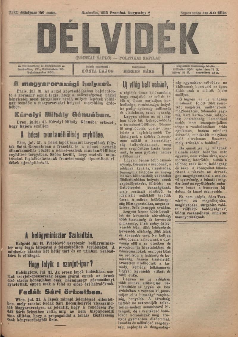 Délvidék, 13. évf. 1919. augusztus 2. 150. sz.