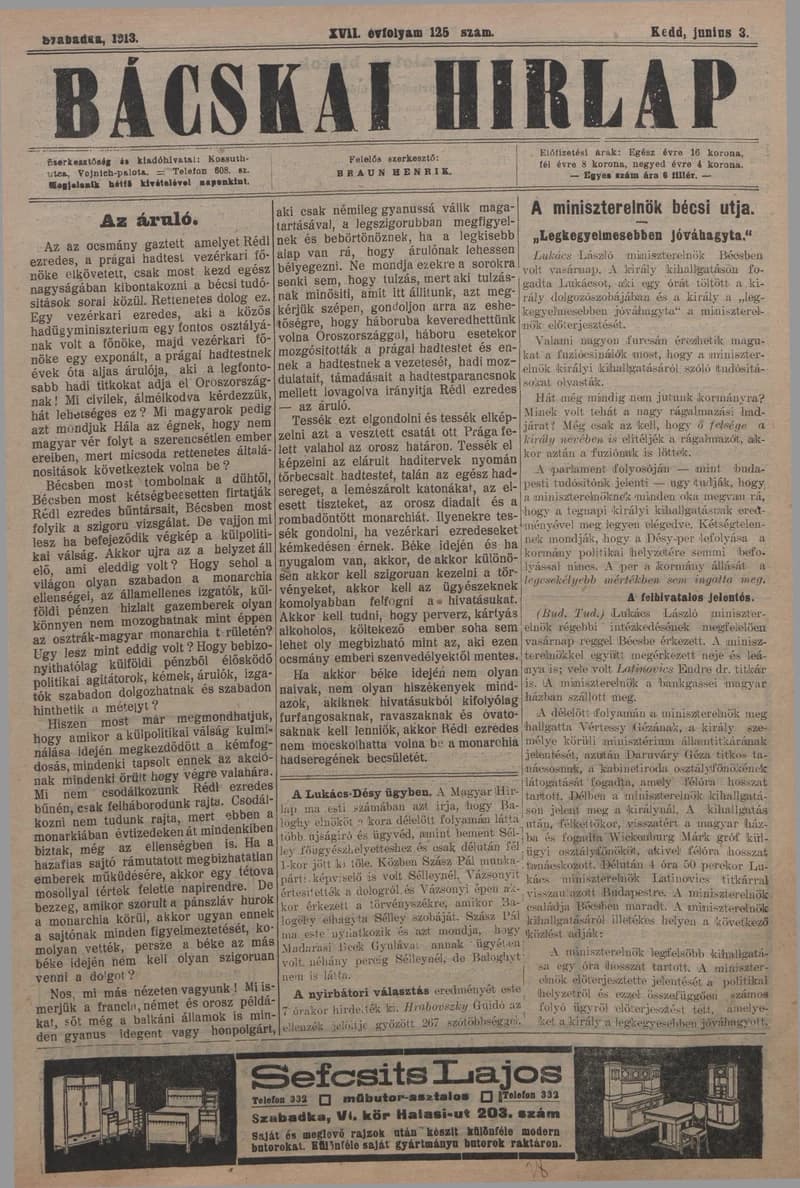 Bácskai Hirlap, 17. évf. 1913. június 3. 125. sz.